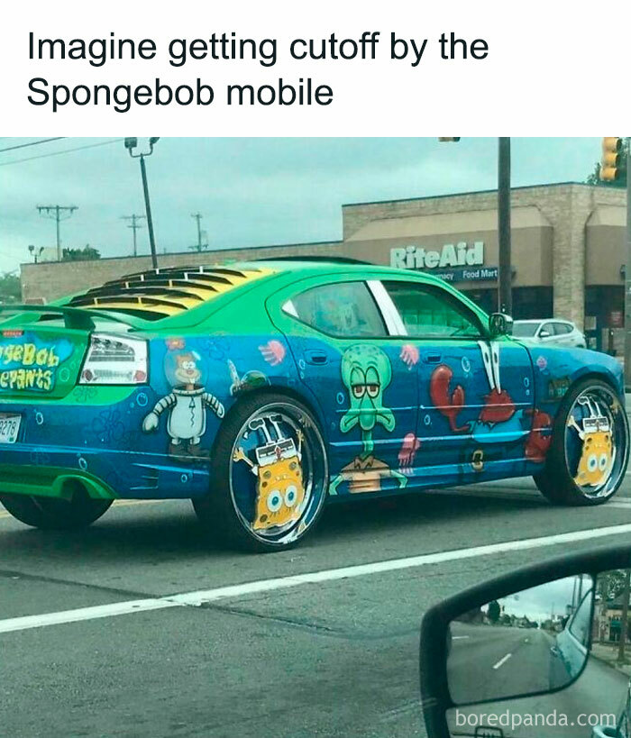 Colorful car covered in cartoon characters, featuring a comical Spongebob theme, parked near a RiteAid store.