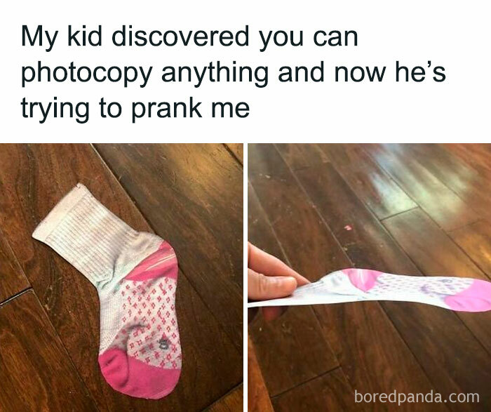 Child's prank with a photocopied sock, showcasing random and relatable meme humor.
