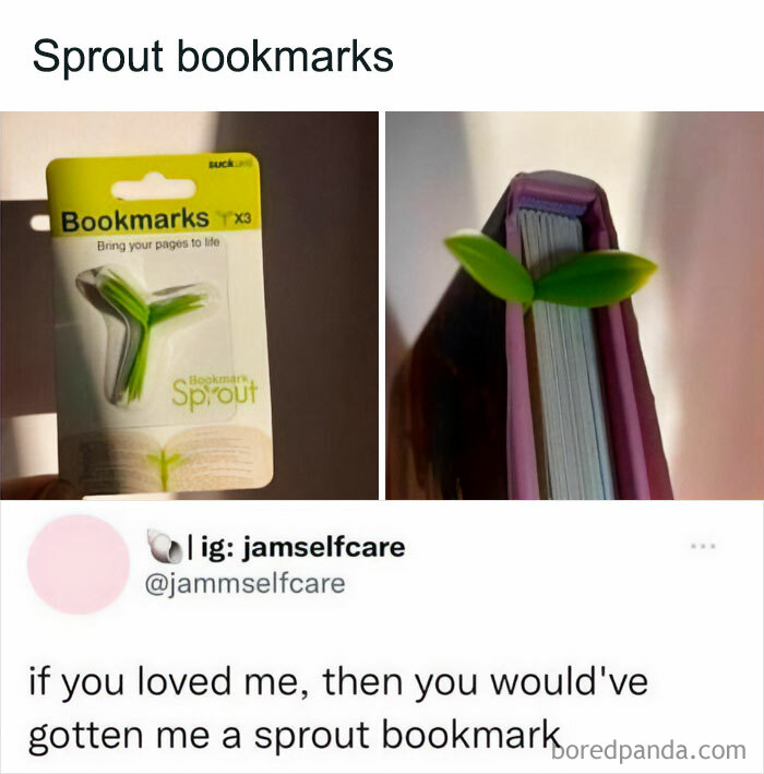 Sprout bookmark packaging and a sprout bookmark in a book, with a humorous caption below.