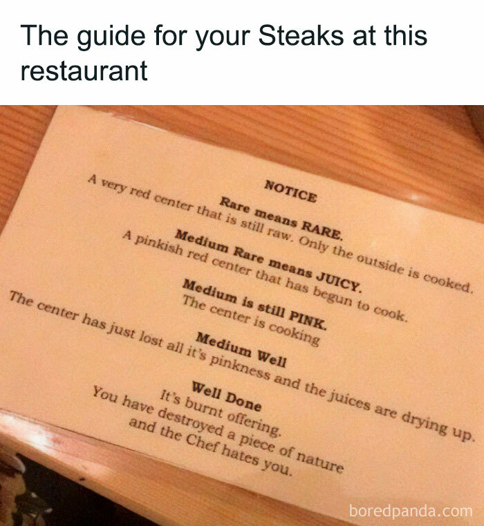 Steak cooking guide with humorous descriptions from rare to well done, highlighting relatable memes.