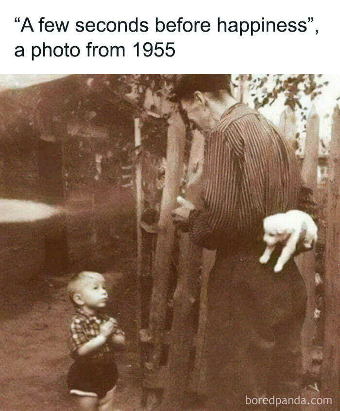 Child looking at a man hiding a small dog behind his back, capturing a relatable meme moment.