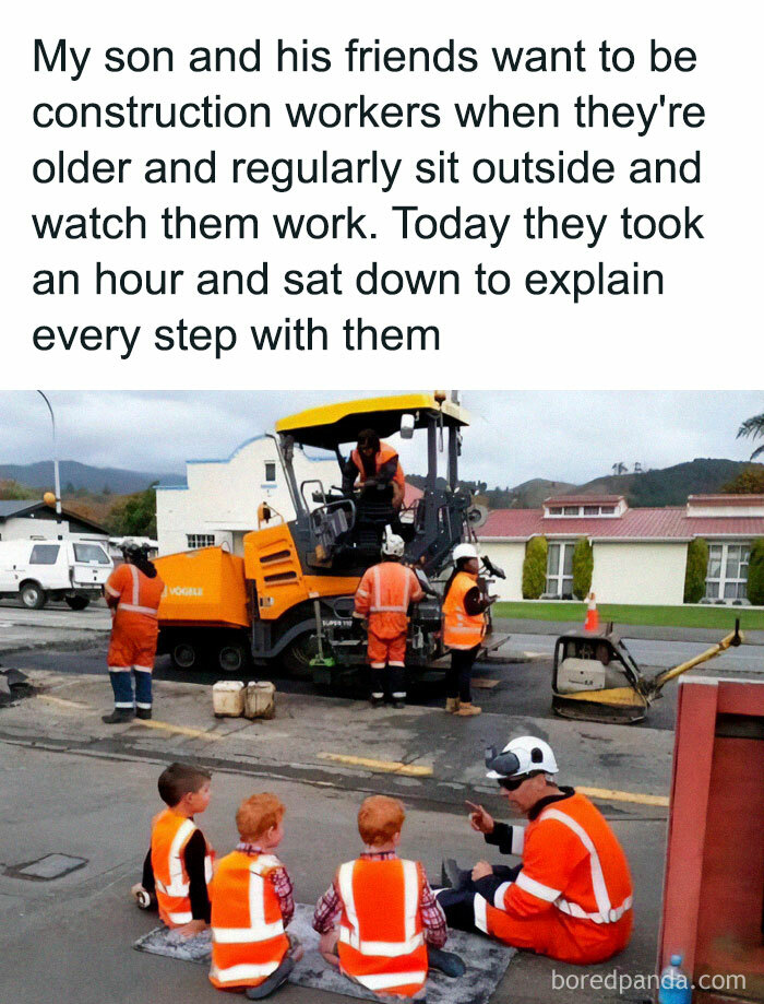 Kids in orange vests watch construction workers, curious about every step, creating a relatable meme moment.