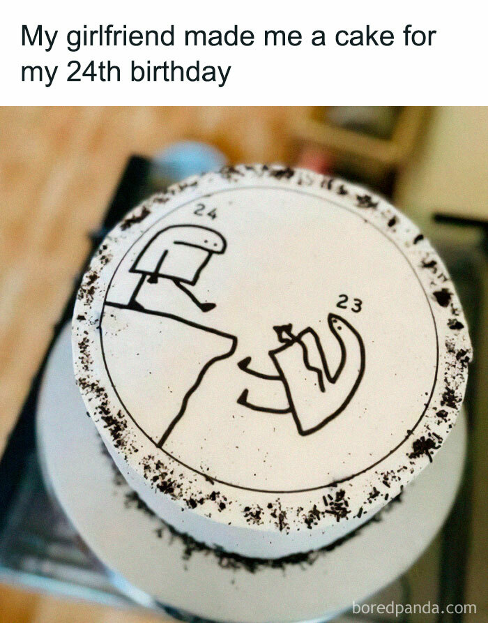 Birthday cake with a humorous meme drawing, showing age 24 pushing 23 off a cliff.
