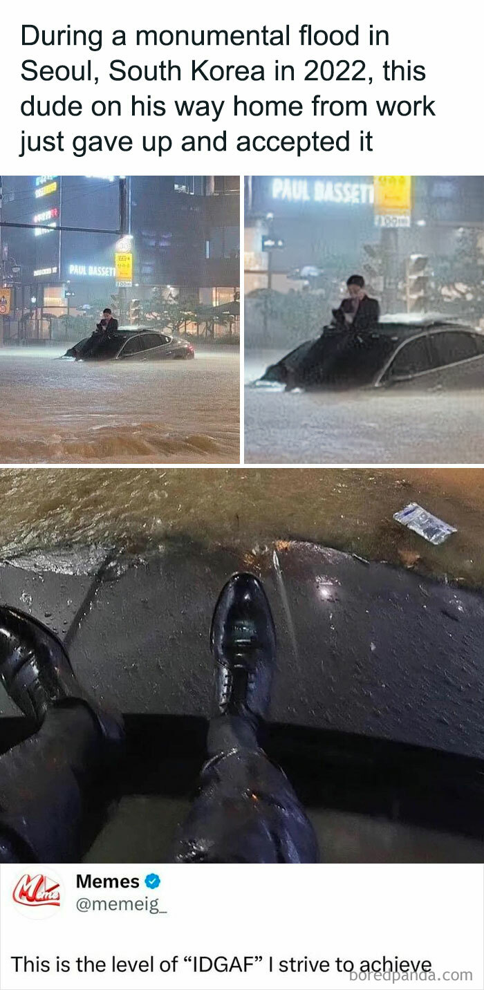 Man sitting on a car roof during Seoul flood, showcasing relatable meme humor.