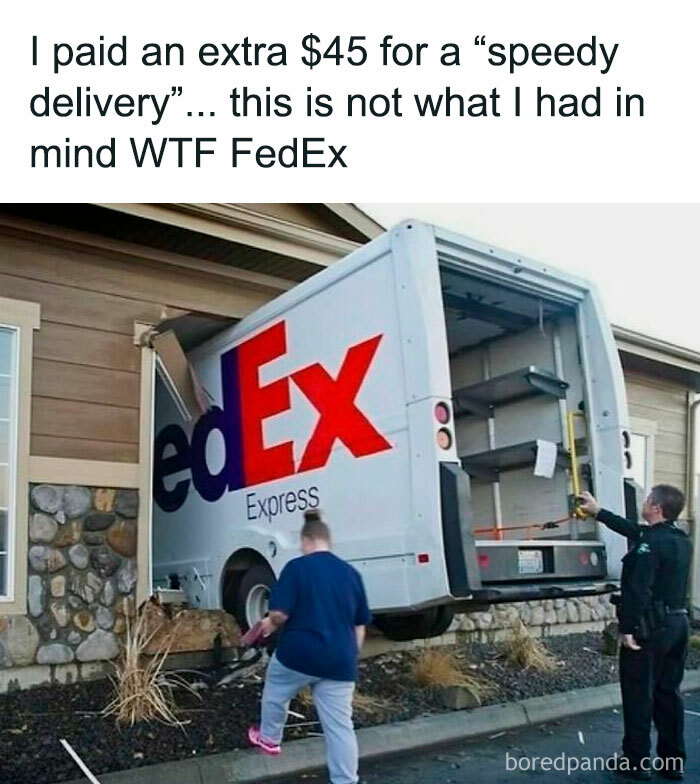 FedEx truck crashes into house, delivery gone wrong in funny meme.