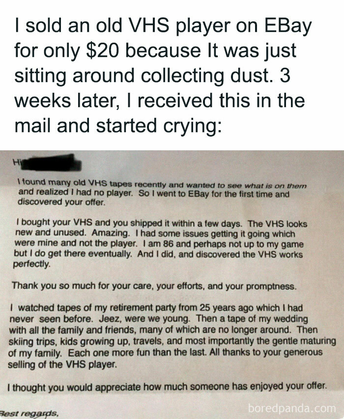 Letter expressing gratitude for a VHS player purchase, highlighting random and relatable nostalgia through revived memories.