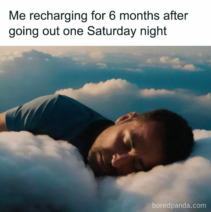 Man sleeping on clouds, humorously illustrating the exhaustion after social events, a relatable meme scenario.
