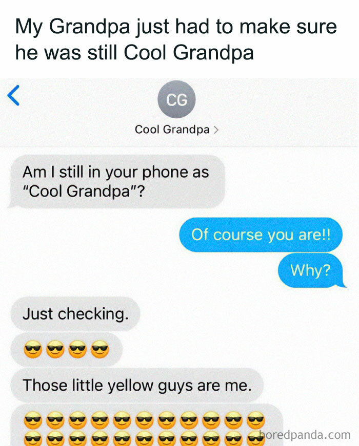 Text meme about a "Cool Grandpa" checking their contact name in a phone, using sunglasses emojis.