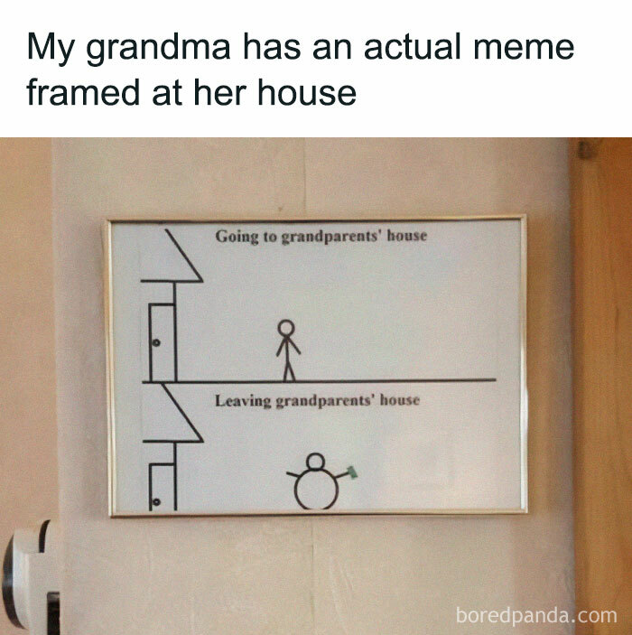 Framed relatable meme at grandma's house, depicting visiting and leaving grandparents' home.