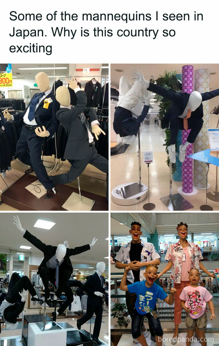 Random and relatable mannequin display with humorous poses in a Japanese store.
