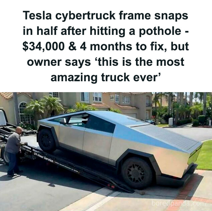 Tesla Cybertruck on a tow truck, damaged after hitting pothole. Owner still praises it as an amazing truck.