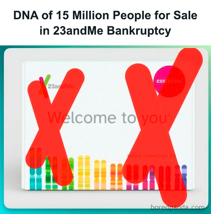 23andMe kit with red X marks, highlighting DNA sale in bankruptcy news.