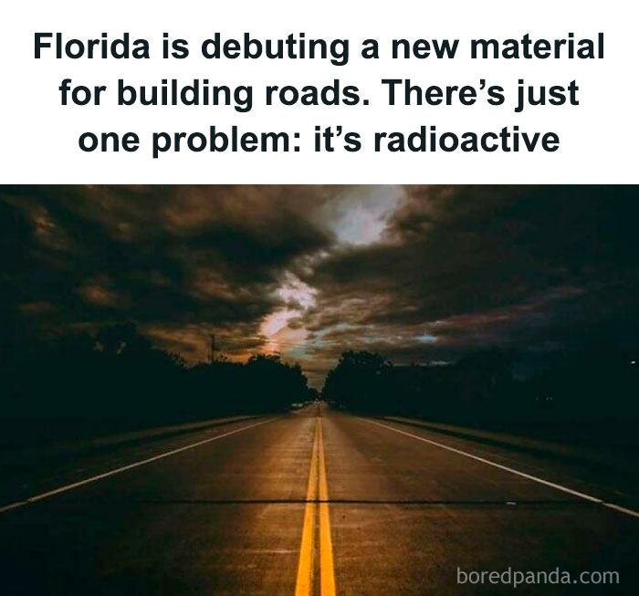 Dark road under stormy sky, with headline about new radioactive road material in Florida.