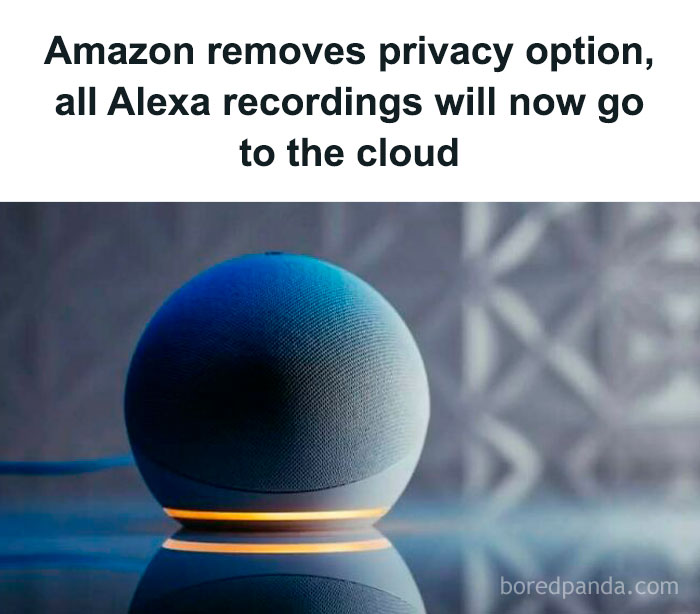Alexa speaker with removal of privacy options, highlighting cloud recording changes.