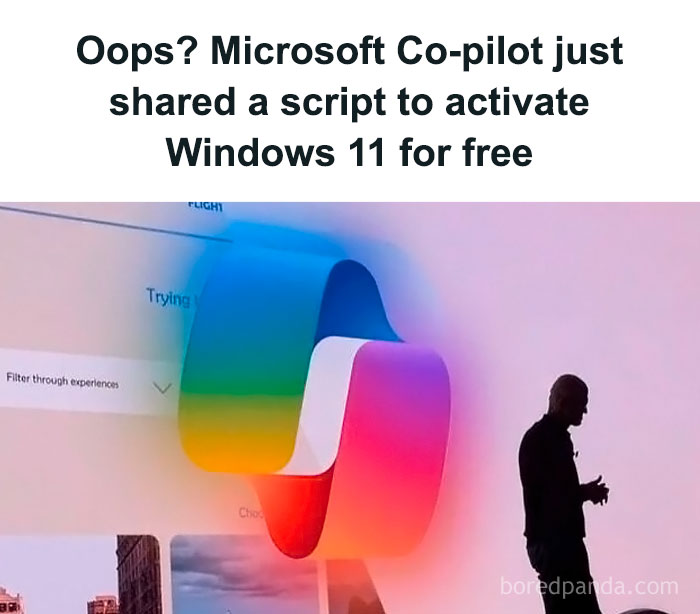 Microsoft Co-pilot shares a free Windows 11 activation script, silhouette of a person on a colorful background.