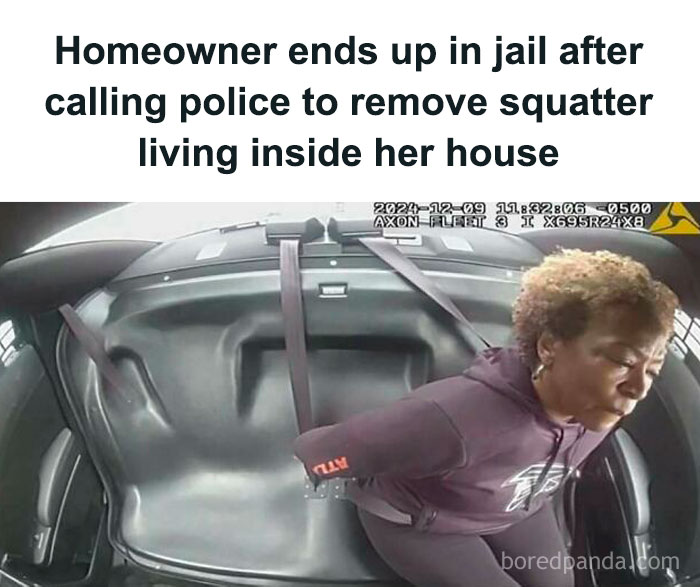 Woman in police car after misunderstandings over squatter, reflecting fake cops raid incident confusion.