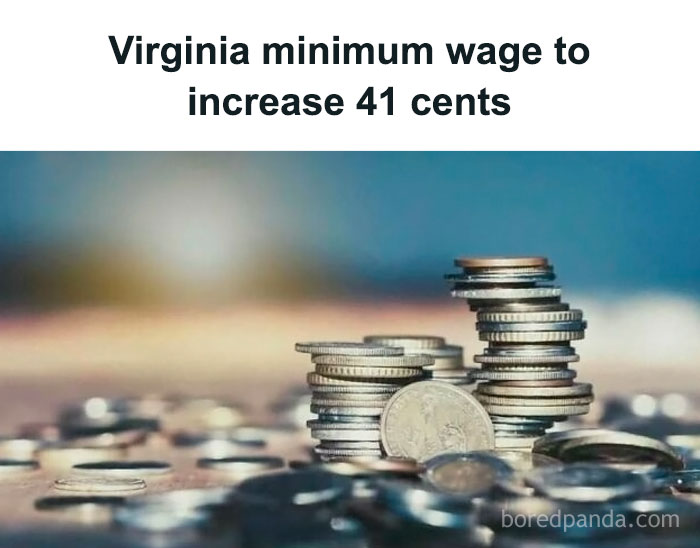 Coins stacked on a table with text about Virginia's minimum wage increase.