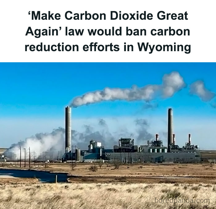 Factory emitting smoke with headline about carbon reduction efforts facing bans in Wyoming.