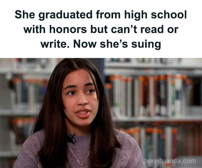 Young woman in a library, expressing concern about her educational experience in an interview about shocking headlines.
