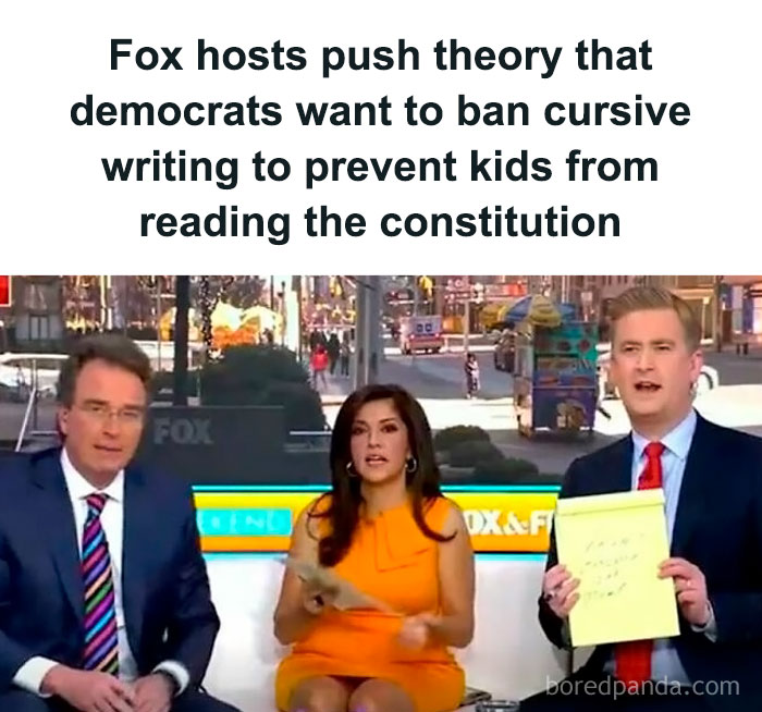 Fox hosts discuss theory about Democrats and cursive writing ban with handwritten notes on live broadcast.