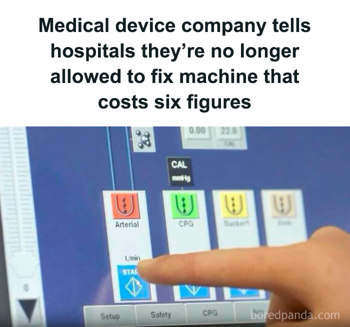 Finger touching a medical device screen with an alert about hospital repair restrictions, highlighting a fake headline scenario.