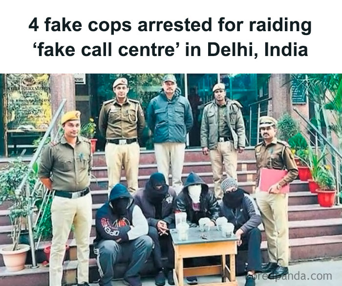 "Police arrest fake cops at a fake call center in Delhi, India, with officers and suspects on steps."