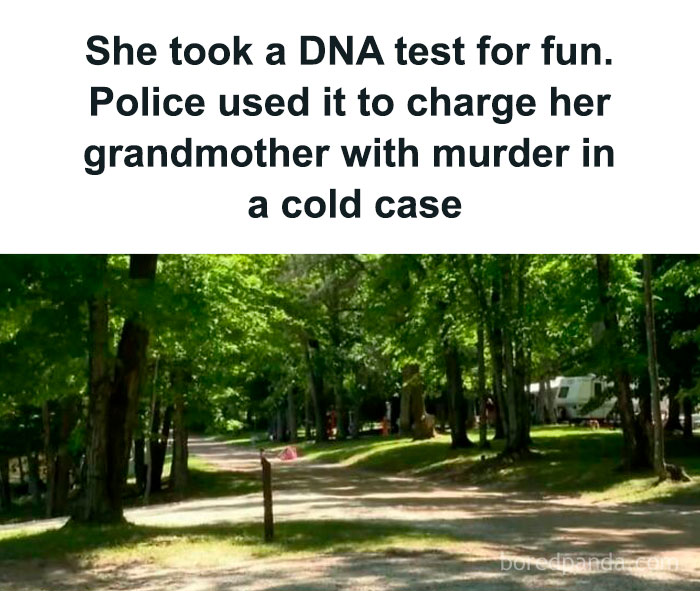A wooded area with a dirt path, related to an unbelievable headline involving a DNA test and a cold case.