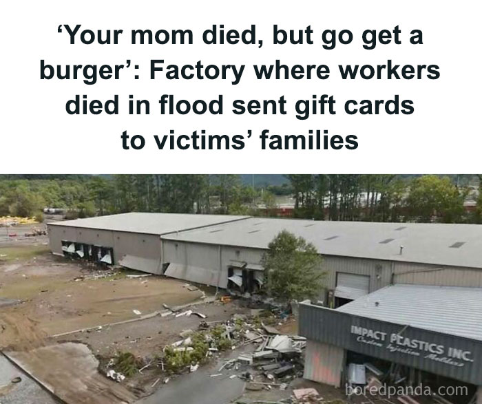 Flooded factory site, debris scattered; headline about victims’ families receiving gift cards.
