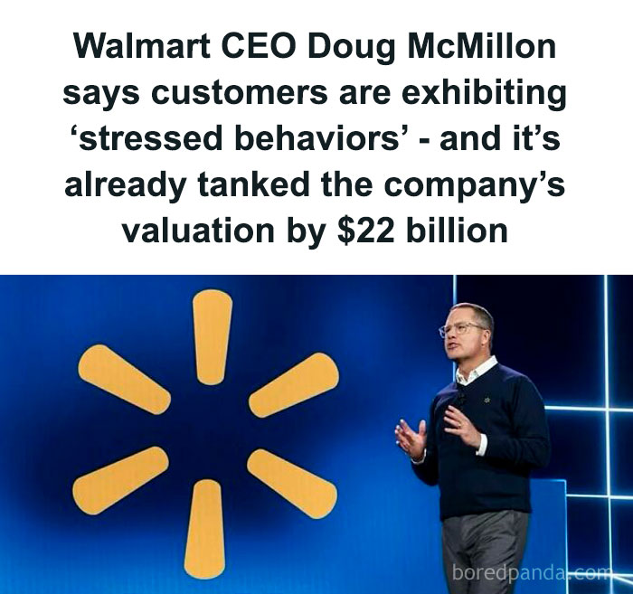 Walmart CEO discusses stressed customer behaviors at an event, impacting company's valuation.