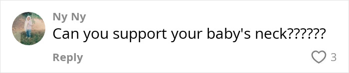 Comment about newborn safety from social media user highlighting baby support concerns. Comment about newborn safety from social media user highlighting baby support concerns.