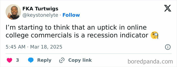 Tweet humorously suggesting more online college ads are a recession indicator.