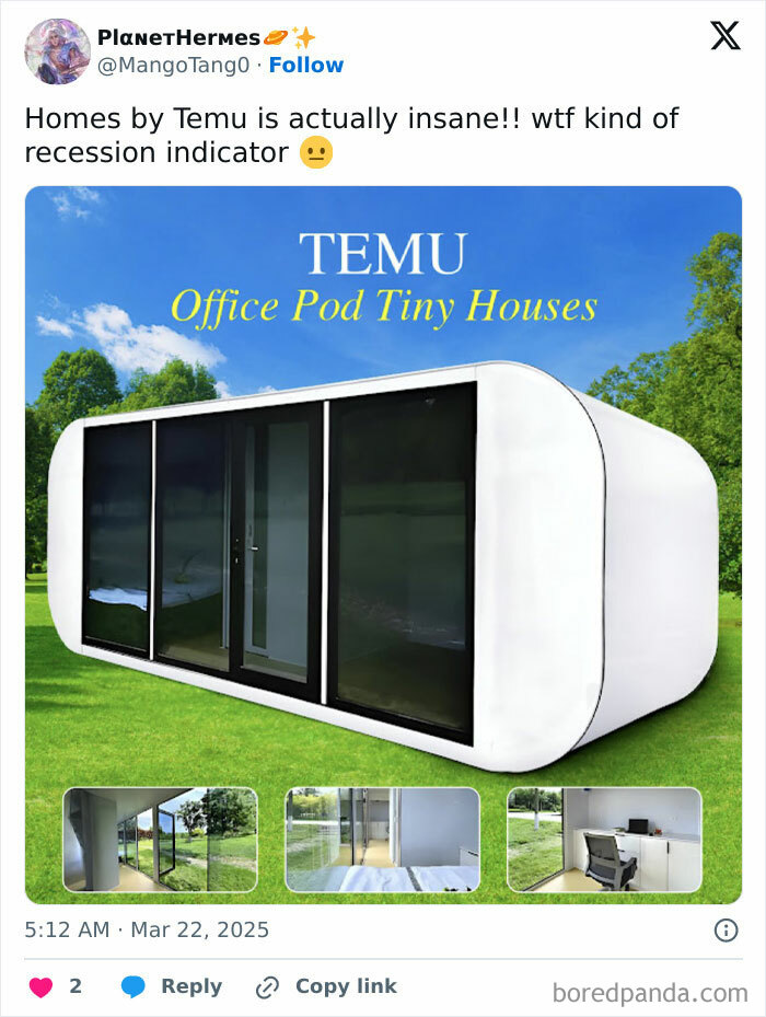 Tiny house office pod in a green setting, showcasing recession indicators with modern design elements.