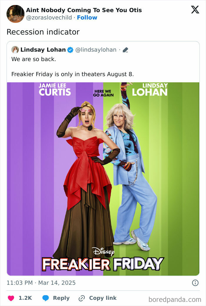 Recession indicators humorously depicted with a poster of "Freakier Friday" starring two celebrities.