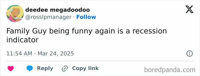 Tweet humorously claims "Family Guy" humor is a recession indicator.