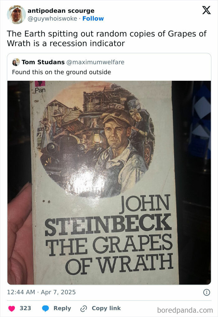 Copy of "The Grapes of Wrath" on ground as a recession indicator.