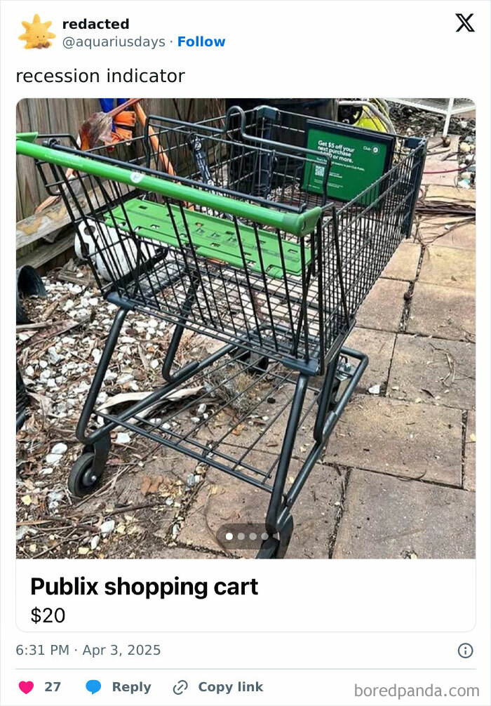 Shopping cart labeled as a recession indicator, priced at $20.