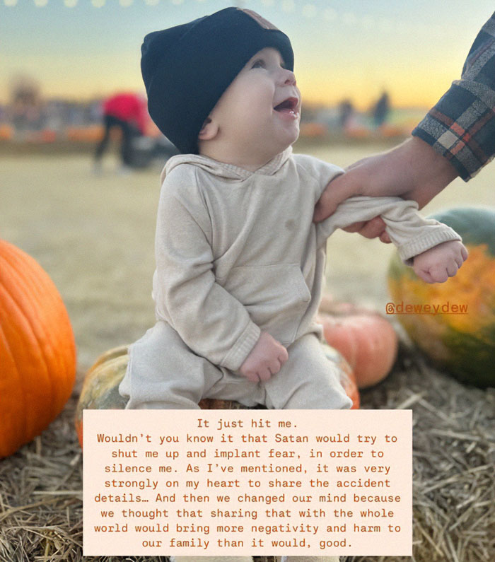22-month-old child in a pumpkin patch, wearing a black hat, with text about a tragedy involving a parenting influencer.