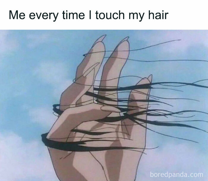 Hand tangled in hair, illustrating a painfully relatable meme moment.