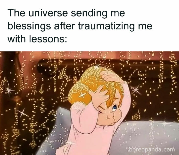 Animated meme showing a person showered with sparkles, conveying a relatable message about receiving blessings after challenges.