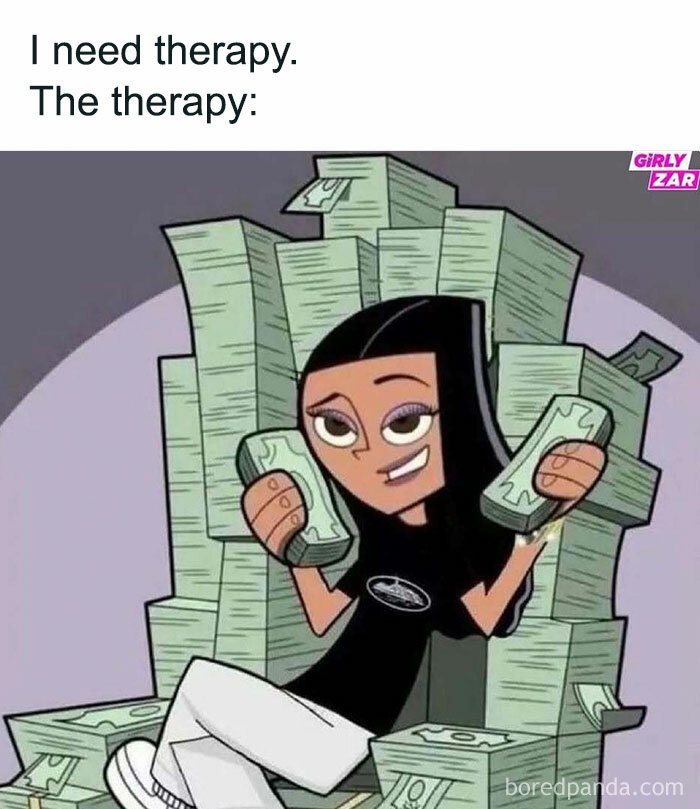 Cartoon character surrounded by stacks of cash, humorously depicting a relatable therapy meme.
