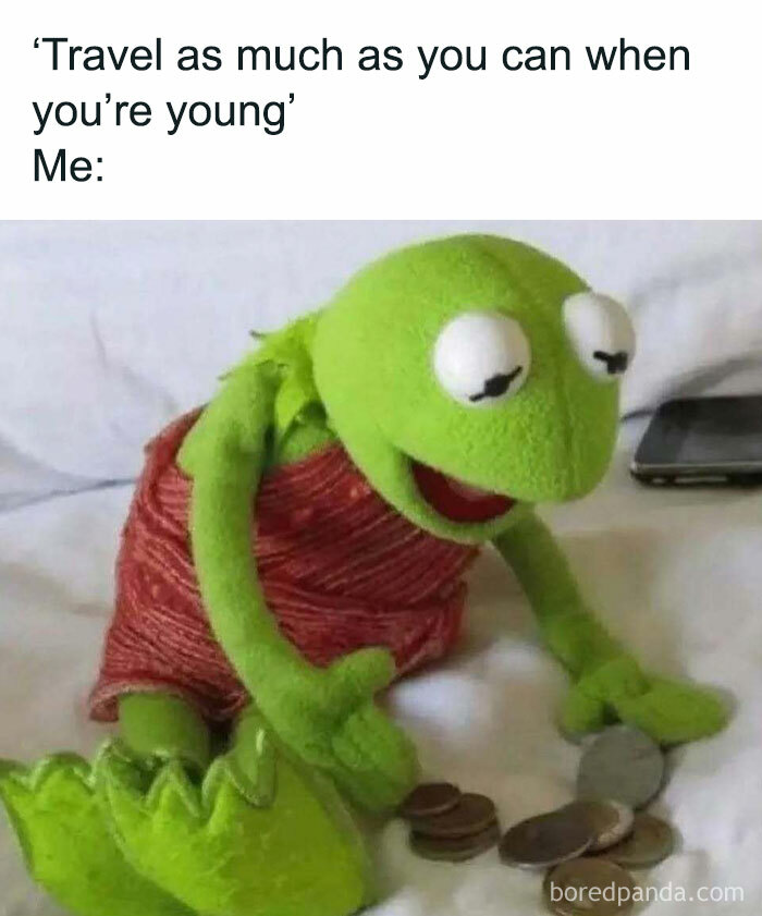 Kermit the Frog counting coins, humorously illustrating a relatable meme.