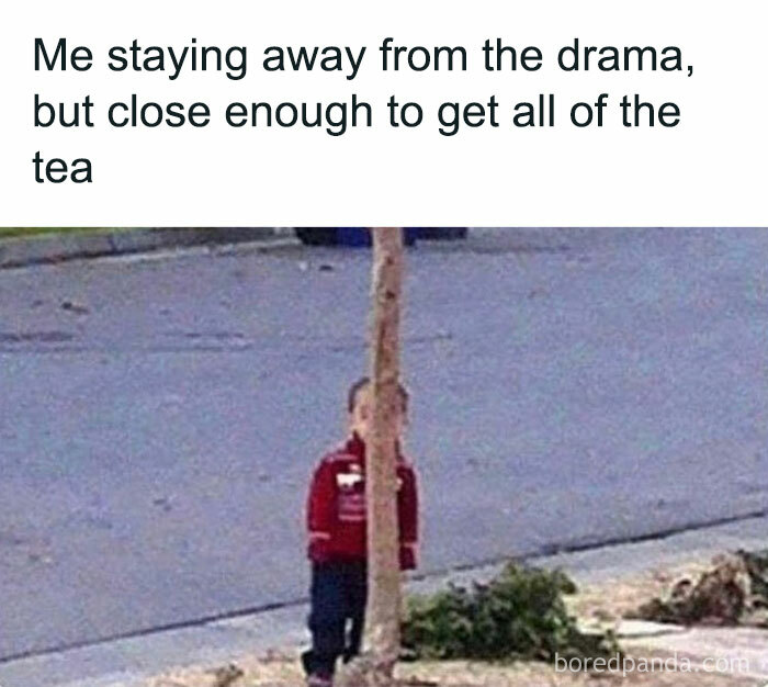 Child hiding behind a tree, relating to memes about avoiding drama but still observing.