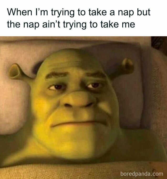 Shrek lying in bed looking frustrated, captioned about a nap, representing relatable meme humor.