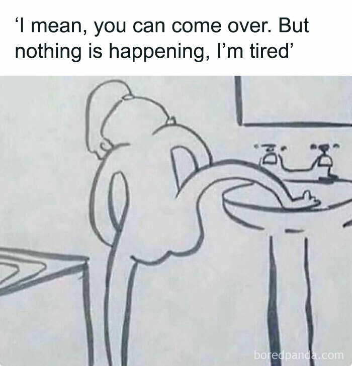 Minimalist drawing of a tired person slumping over a bathroom sink, depicting a relatable meme scenario.