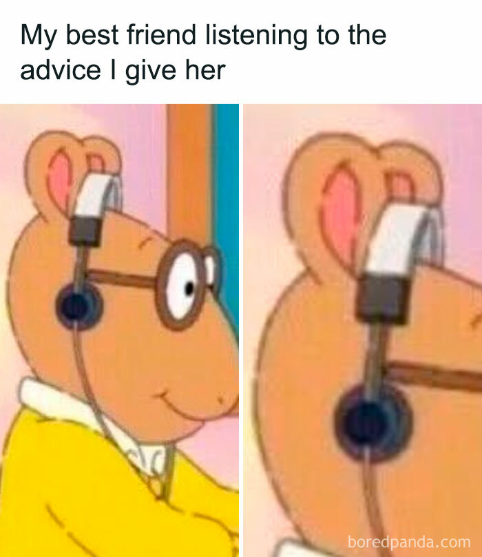 Cartoon character wearing headphones, humorously ignoring advice, depicting a relatable meme moment.