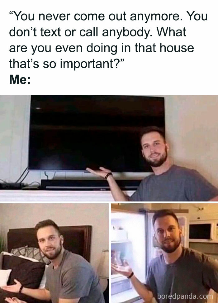 Man humorously gestures at TV, bed, and fridge, highlighting relatable introvert struggles of social exhaustion at home.