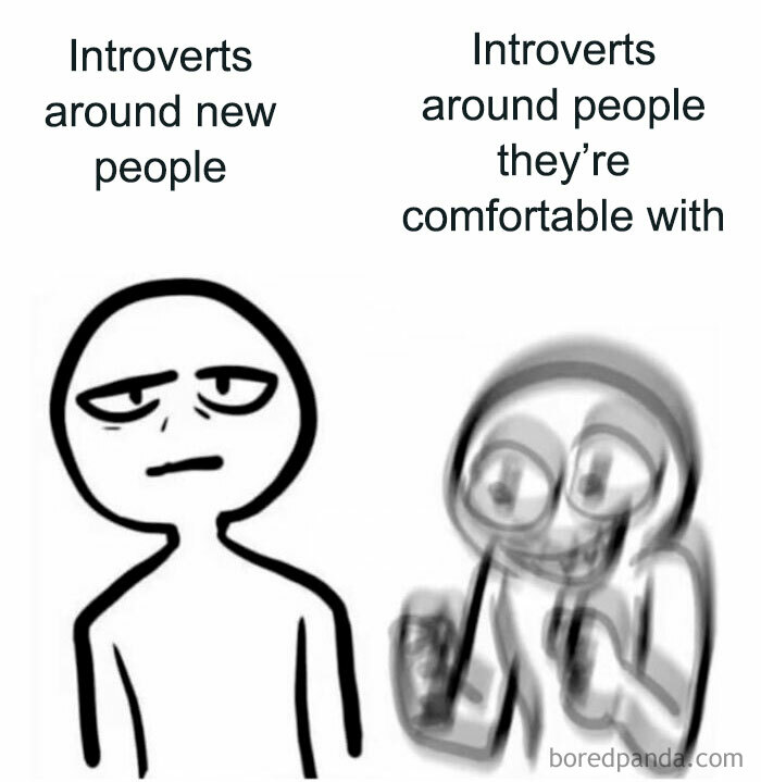 Introverts' reactions: calm around new people, excited when comfortable.