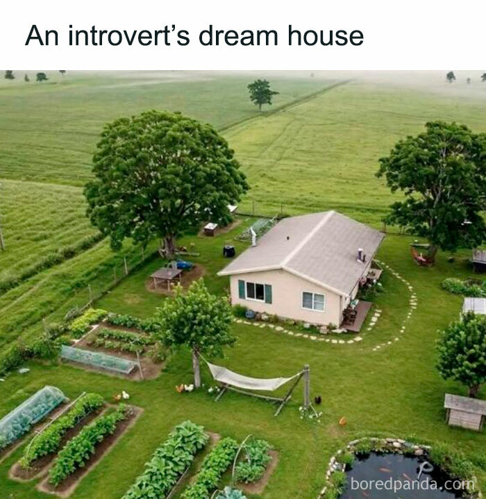 Aerial view of a serene house with gardens and pond, illustrating introvert's ideal peaceful retreat.