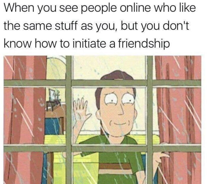 Cartoon character staring through a window, representing introverts' struggle with initiating friendships online.