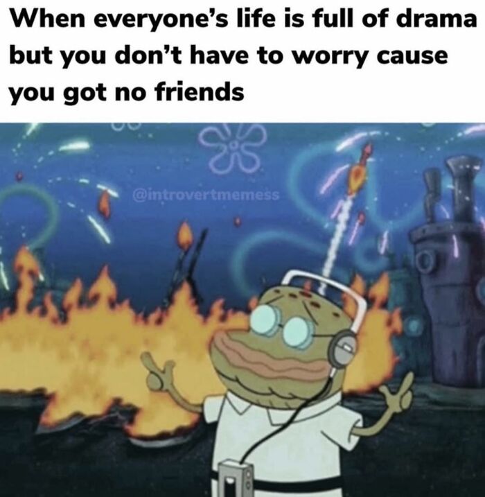 Cartoon character with headset, smiling amidst chaos, humorously depicting introverts' struggles with social exhaustion.